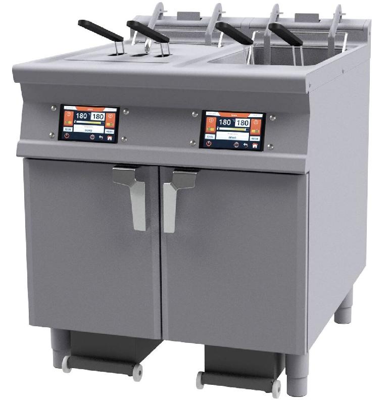 Friteuse électrique digitale 2 cuves 18 L avec filtration d’huile et relève-paniers. Structure inox. Dimensions 80×70,5×90 cm. Modèle F2/18-78E_0