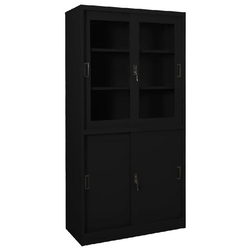 Helloshop26 - Armoire de rangement porte coulissante 90 x 40 x 180 cm avec 3 étagères réglables moderne en acier noir 02_0046824 - noir verre 30002_0
