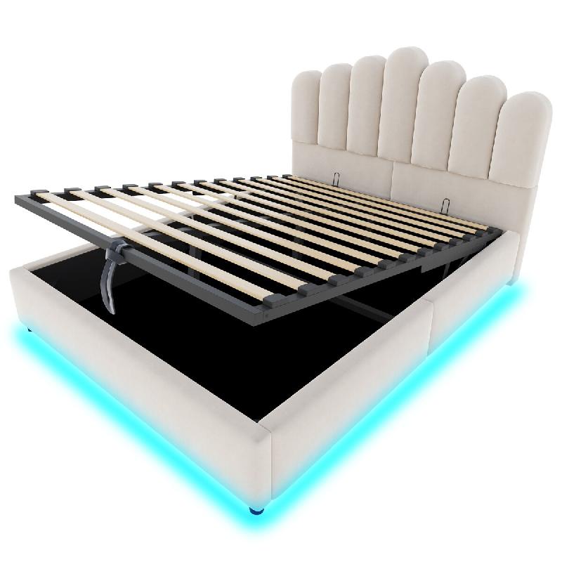 Merax Lit rembourré LED 140x200 cm, lit double en velours beige avec coffre hydraulique, sommier et tête volumineuse - beige multi-matériau LDU0062_0
