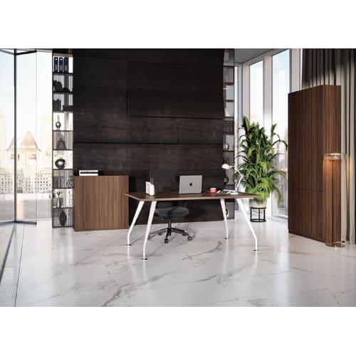 Bureau de direction 4 pieds ICONE - 180x80cm - H73cm - Plateau mélaminé 25mm noisetier - Piètement conique blanc_0