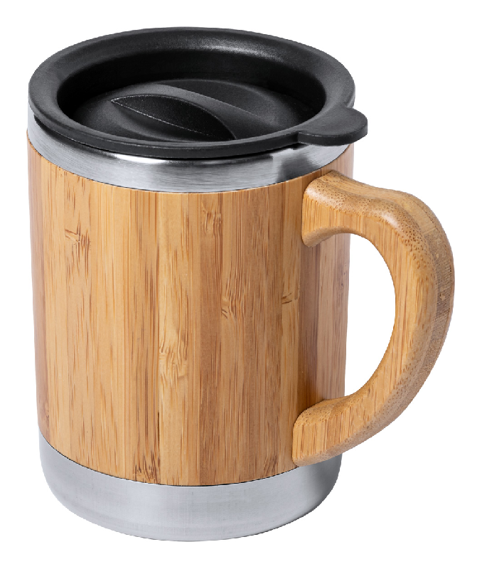 Mug thermos isotherme - double paroi inox et bambou - 300 ml avec poignée et couvercle plastique_0