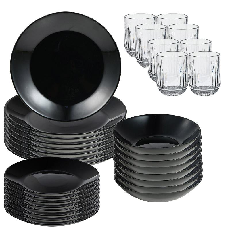 San Ignacio - Service de vaisselle 24 pièces noir en verre opalin avec lot de 8 verres en cristal de 260 ml - noir Verre opale PK9443_0