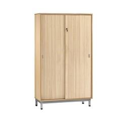 Armoire haute en bois avec portes coulissantes - coloris œuf, gris ou hêtre - structure mélaminée 19 mm, étagères réglables et piètement en tube époxy_0