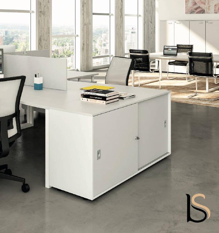 Armoire hauteur bureau à portes coulissantes - Quadrifoglio - Hêtre, Blanc pastel_0