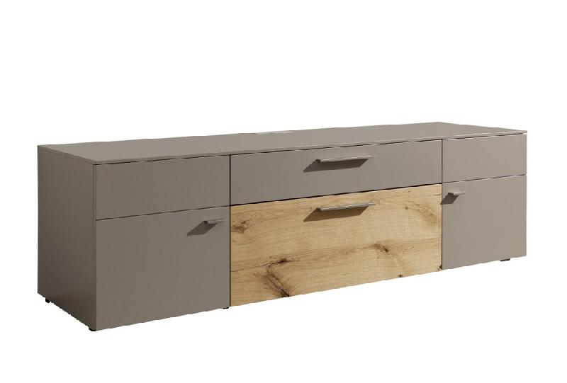Buffet bas TV Anzio - Taupe laqué mat et bois chêne miel - 2 portes, 2 tiroirs, design contemporain_0