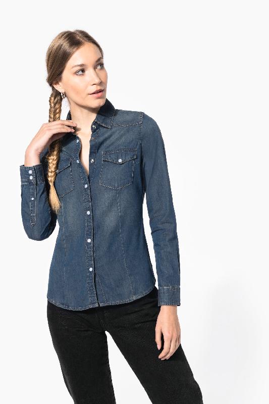 Chemise denim manches longues femme - Réf: K518 - Kariban - 100% coton, boutons pression, coupe cintrée_0