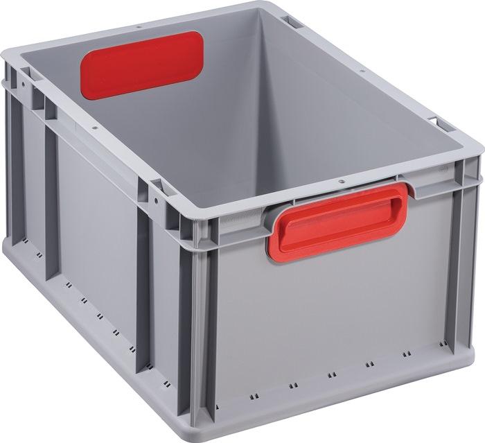 Conteneur de transport gerbable L400 x l300 x H220 mm - gris en polypropylène indéformable - poignée fermée rouge - parois latérales fermées - ALLIT_0