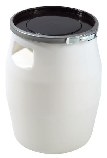 Fût plastique 30 litres - contact alimentaire - fermeture métallique avec couvercle noir - blanc_0