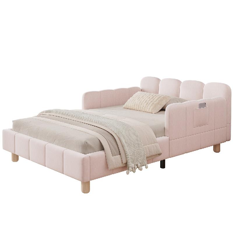 Merax Lit rembourré 90 x 200 cm avec tête de lit rembourrée, protection antichute, accoudoirs flexibles et pieds en bois d'hévéa, velours rose -_0
