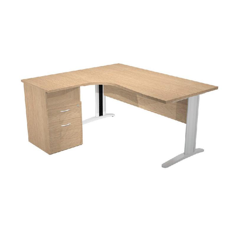 PACK PRONTO METAL - 1 BUREAU COMPACT RETOUR A GAUCHE CHENE - PIEDS L ALUMINIUM - 1 CAISSON HAUTEUR BUREAU PROF. 60 CM