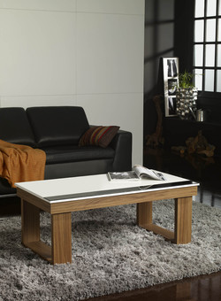 Table basse relevable contemporaine CORTANA - blanc ou blanc et noyer - modulable avec plateau en verre trempé_0