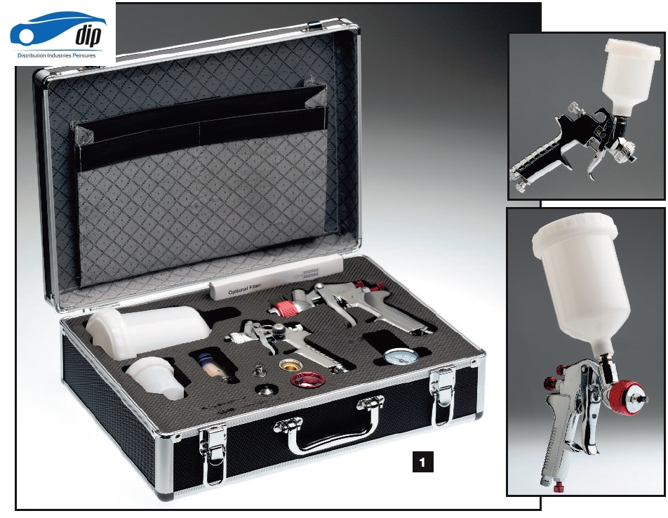 Valise 2 pistolets peinture industrielle HVLP - apprêt, vernis, base mate et retouche - avec 4 buses, manomètre et accessoires_0