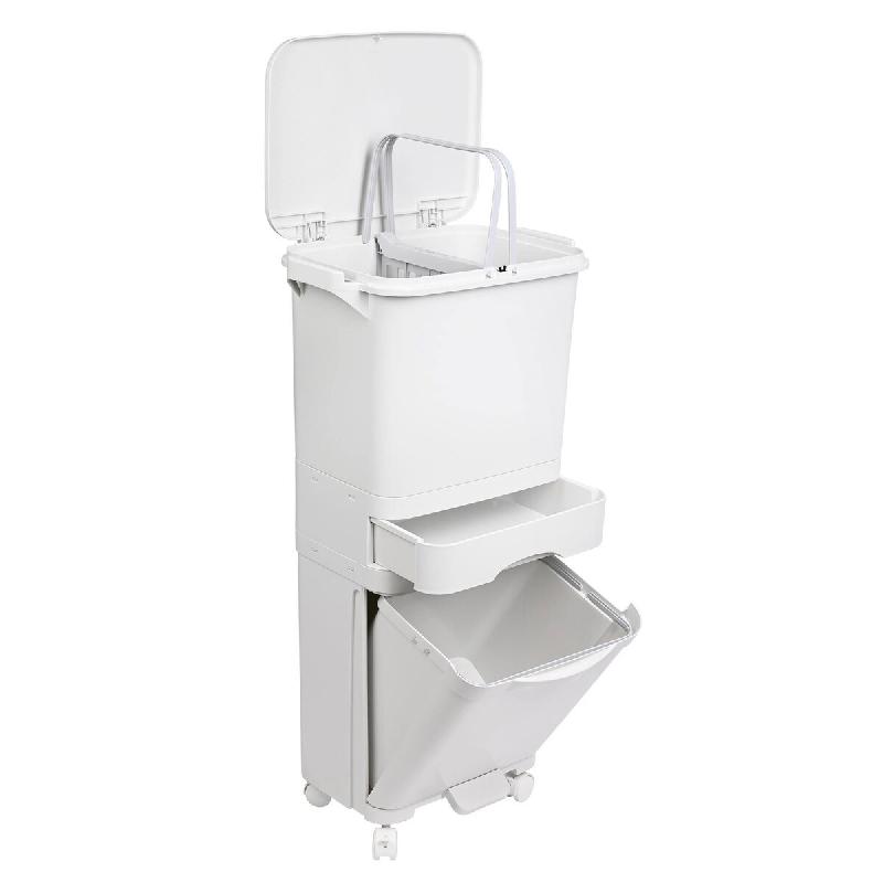 WellHome - Poubelle Verticale à roulettes 42L à 3 Compartiments (24L + 4L + 14L) - blanc plastique polypropylène WH15576_0