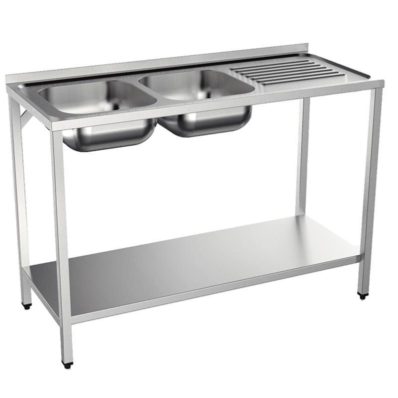 Plonge inox 2 bacs sur support avec étagère - P 500 mm - à gauche_0