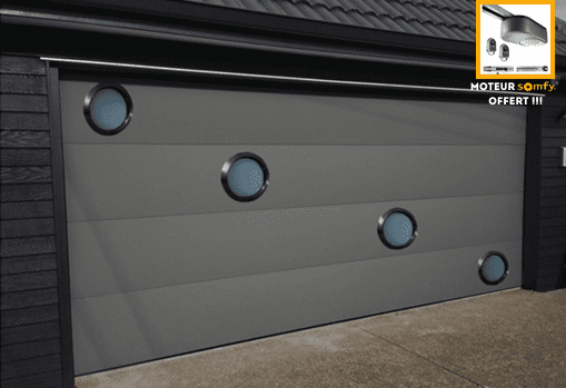 Porte de garage anti-effraction sectionnelle, avec hublots ronds_0