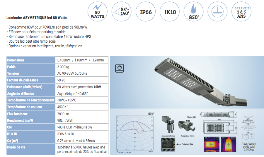Tête de mât - Candélabre 80W LED pour éclairage public parking et voirie_0