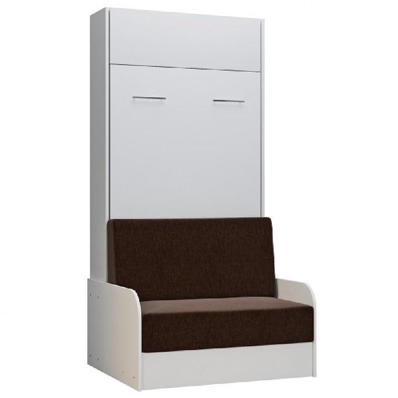 Armoire lit escamotable Dynamo Sofa - Canapé accoudoirs blanc, tissu marron - Couchage 90x200 cm_0