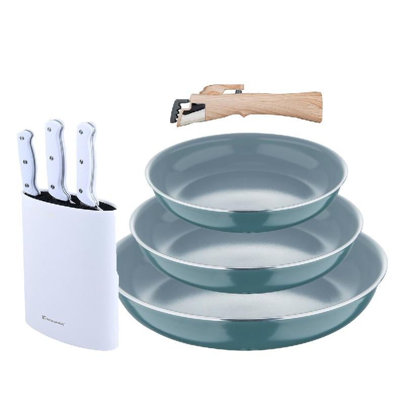 BERGNER - Jeu de 3 Poêles Ø18/20/24cm aluminium Embouti Recyclé Vert avec Manche Amovible et Jeu 3 Couteaux avec Bloc de Couteaux en Acier Inoxydab_0