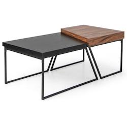 HELLOSHOP26 - Lot de 2 tables basses gigognes avec cadre métal, tables d'appoint style industriel avec 8 pieds antidérapants réglables noir + marro_0