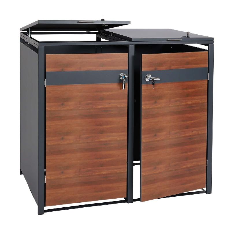 Mendler Habillage pour 2 poubelles HWC-J82, Box pour poubelles, extensible, métal 50kg, anthracite ~ aspect bois de cerisier brun foncé - marron mé_0