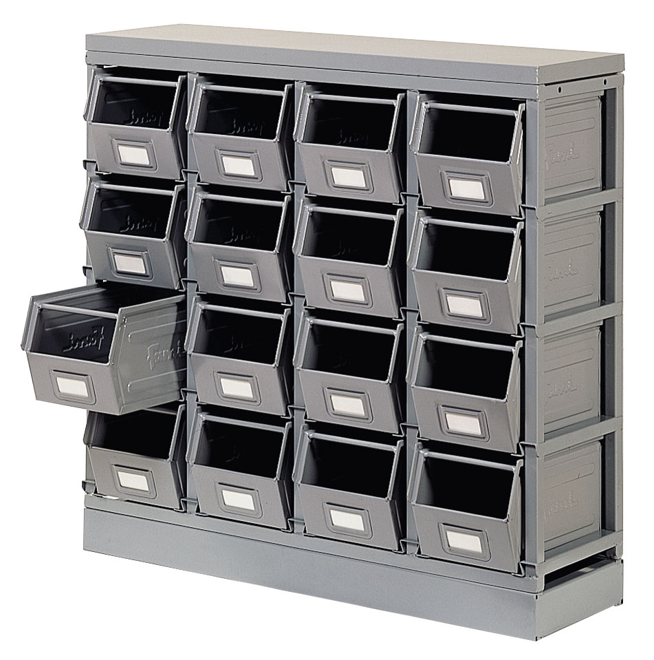 RACK DE RANGEMENT 16 POSTES AVEC BACS MÉTALLIQUES VERNIS 12.5 LITRES