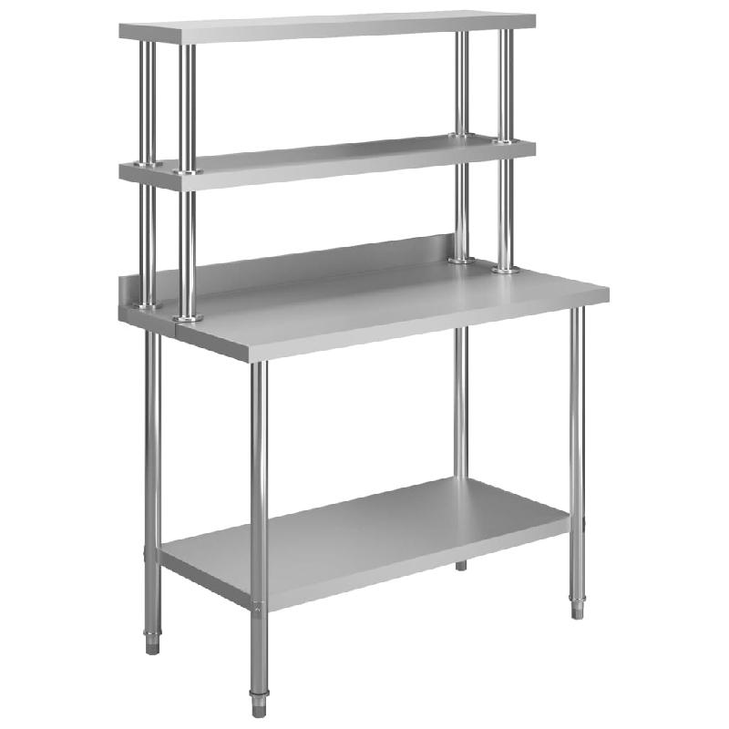 Table de travail de cuisine en acier inoxydable - 120 x 60 x 150 cm avec étagère à 2 niveaux et dosseret - Réf 02_0001921_0