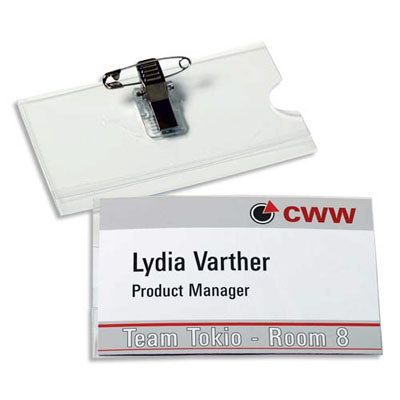 BADGE TRANSPARENT PINCE + EPINGLE - FORMAT HORIZONTAL 5,4 X 9 CM - BOITE DE 50
