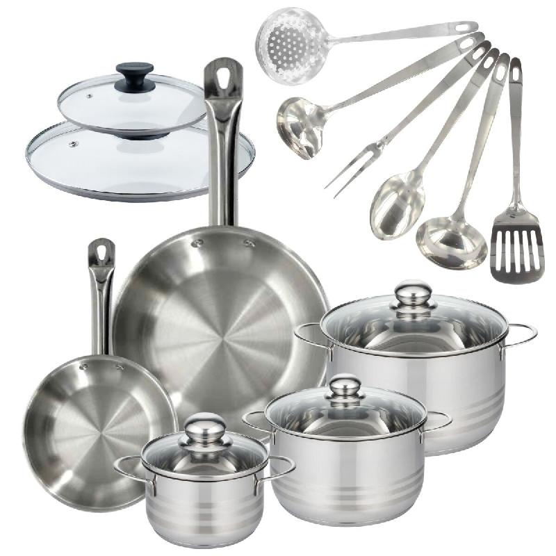 Batterie de cuisine 2 poêles 20/28 cm et couvercles, 3 faitouts 16/20/24 cm et 6 ustensiles Fackelmann Eterna - gris inox 3176239935394_0