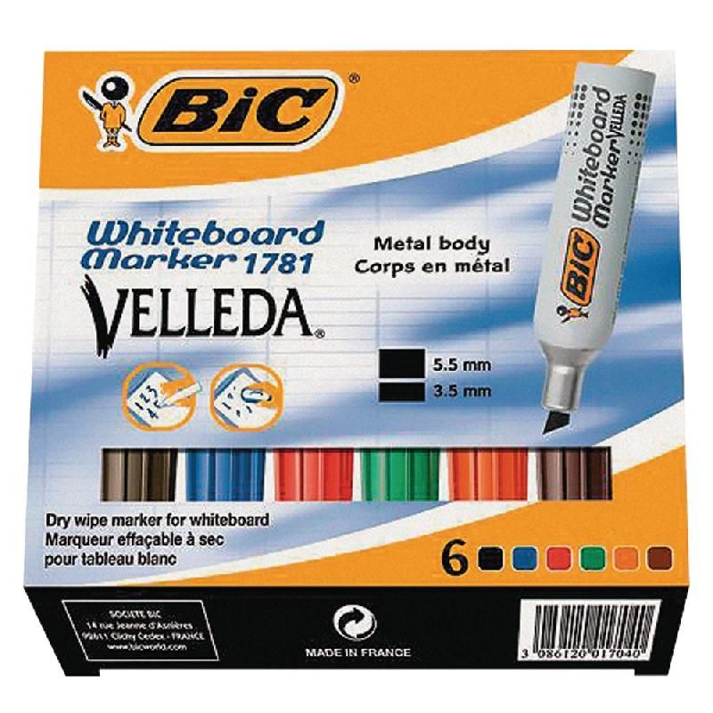 BIC MARQUEUR EFFAÇABLE BIC VELLEDA MÉTAL - 1781 - POINTE BISEAUTÉE - COLORIS ASSORTIS - POCHETTE DE 6