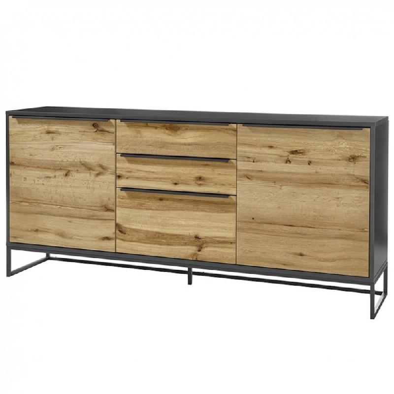 Buffet Abou - 2 portes, 3 tiroirs, plaqué chêne, structure laqué gris anthracite, piètement métal noir_0
