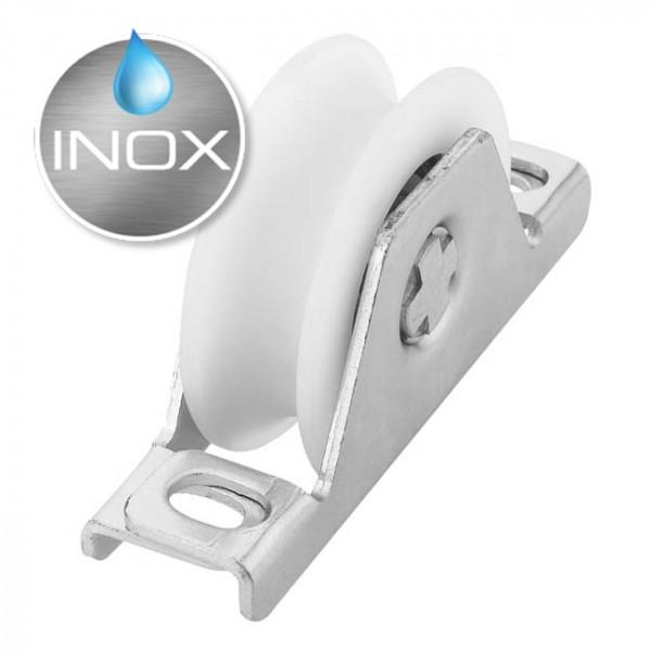 Roue gorge ronde U 20 mm - diamètre 120 mm en nylon avec support bas inox et simple roulement à billes_0