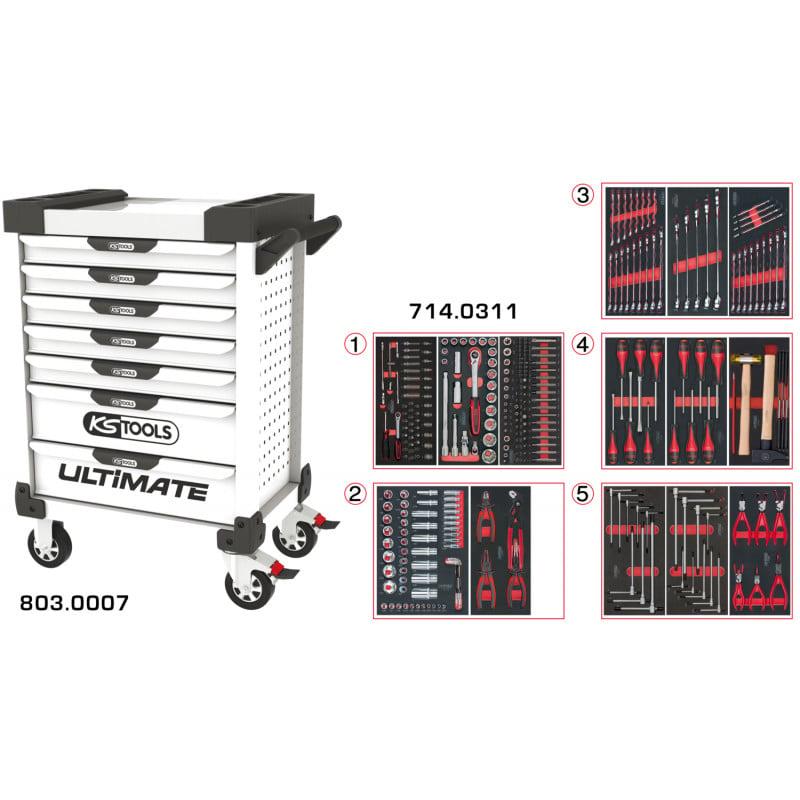 Servante d'atelier PEARLline blanche 7 tiroirs équipée de 311 outils - KS Tools | 803.7311_0