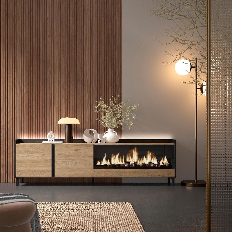 SKRAUT HOME - MEUBLE TV EFFET BOIS DE CHÊNE ET NOIR 212X35X61CM CHEMINÉE EFFET FEU