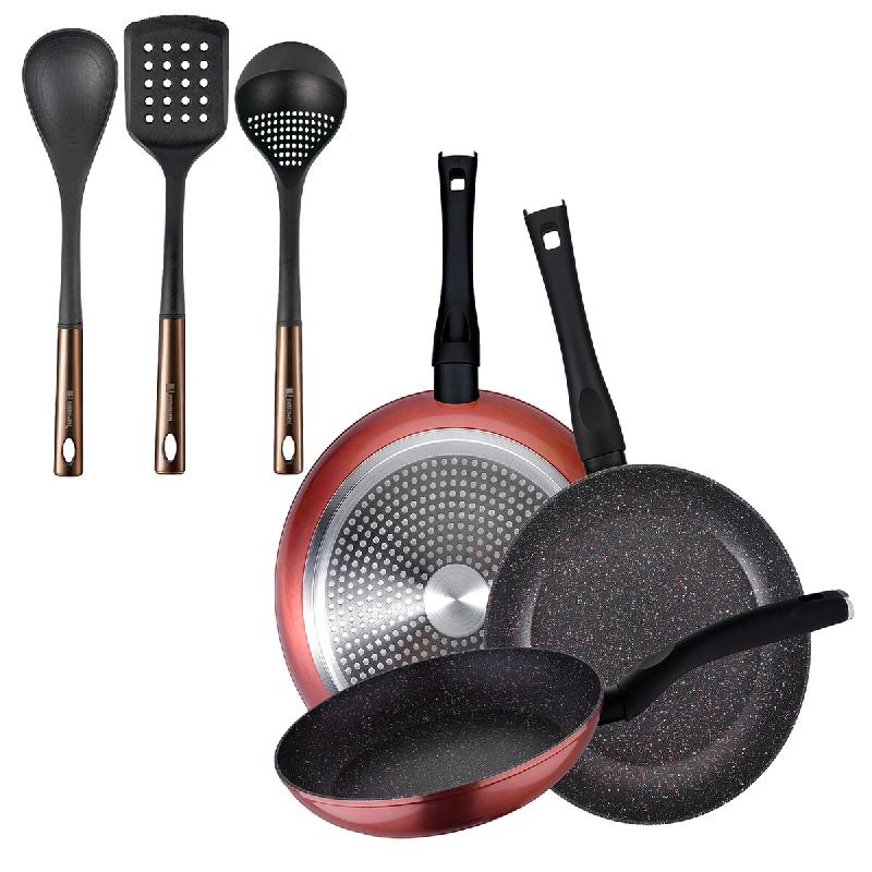 BERGNER - Jeu de 3 Poêles Venus Ø20/24/28 cm en Aluminium Forgé Compatibles Induction avec Set de 3 Ustensiles de Cuisine en PBT noir et cuivre - P_0