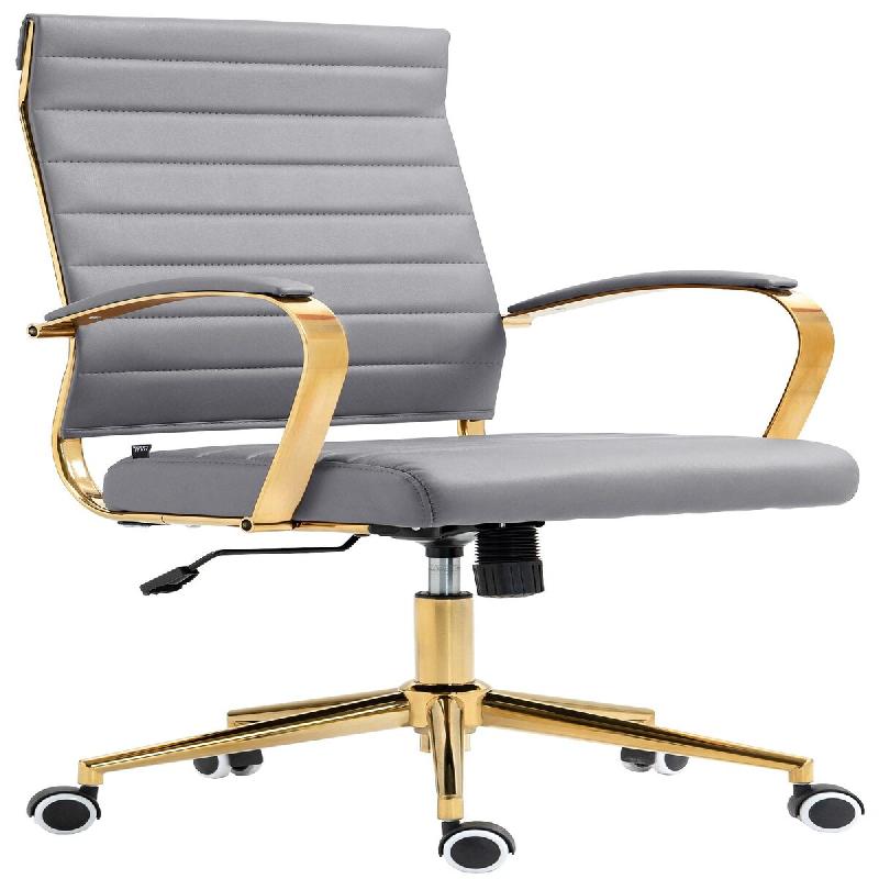 Décoshop26 - Fauteuil de bureau sur roulettes avec dossier à coutures horizontales PVC gris clair et cadre métal doré 10_0006969 - gris métal 300_0