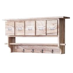 Décoshop26 - Porte-manteau mural vintage 5 tiroirs avec 4 crochets 32 x 65 x 13 cm naturel 04_0008169 - 3000262477302_0