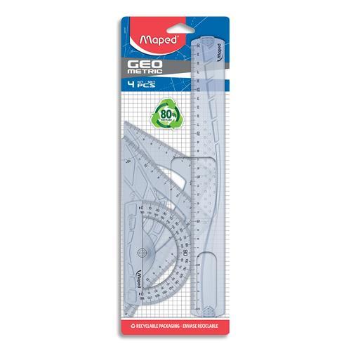 KIT DE 4 INSTRUMENTS MAPED GEOMETRIC : 1 REGLE 30CM + 1 EQUERRE 45° + 1 EQUERRE 60° + 1 RAPPORTEUR 180°