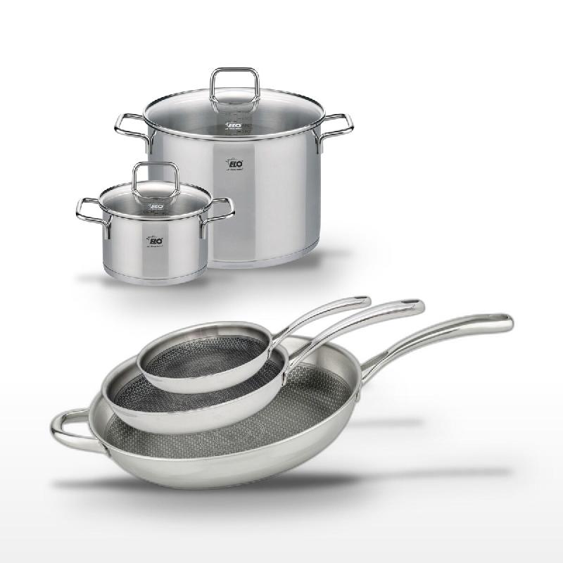 Lot de 3 Poêles Elo Relief Evolution 24/28/32 cm et 2 Faitouts 20/26 cm - gris inox 3176239957693_0