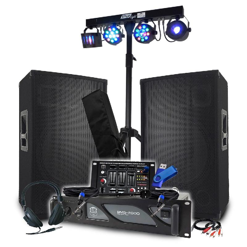 Pack Sono BM SONIC Amplificateur 2000W, Enceintes Passives 2x700W, Table de Mix, Euphoria Portique + 48 effets lumière+Clé 32G - 3666638036155_0