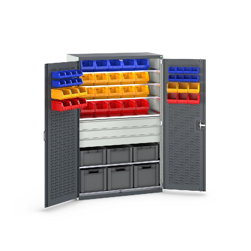 Armoire d'atelier Cubio SMF-13620-3 - 48 bacs, 6 Eurobox, structure acier renforcée - LxPxH : 1300x650x2000 mm_0