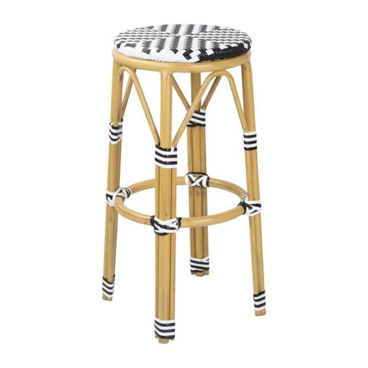 ​​​​​​​Lot de 2 tabourets de bar empilables, motifs chevrons, structure en aluminium finition bois, assise rotin noir et blanc_0