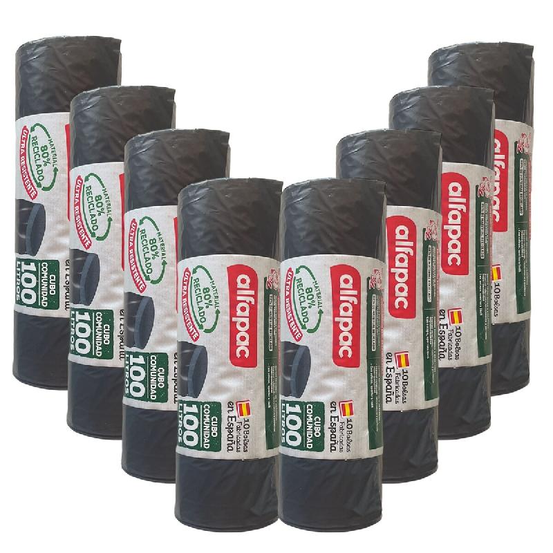 Alfapac - Sacs poubelle 100L 84x105cm pour conteneur communautaire 8 rouleaux x 10 unités (80% recyclés) - noir PK6970_0