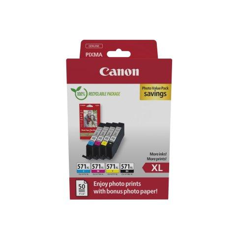 CANON PGI 570 XL + CLI 571 XL PACK DE 4 CARTOUCHES - 1 NOIRE + 3 COULEURS POUR IMPRIMANTES JET D'ENCRE + 1 PAQUET DE PAPIER PHOTO 10 X 15 CM - CARTOUCHE AUTHENTIQUE