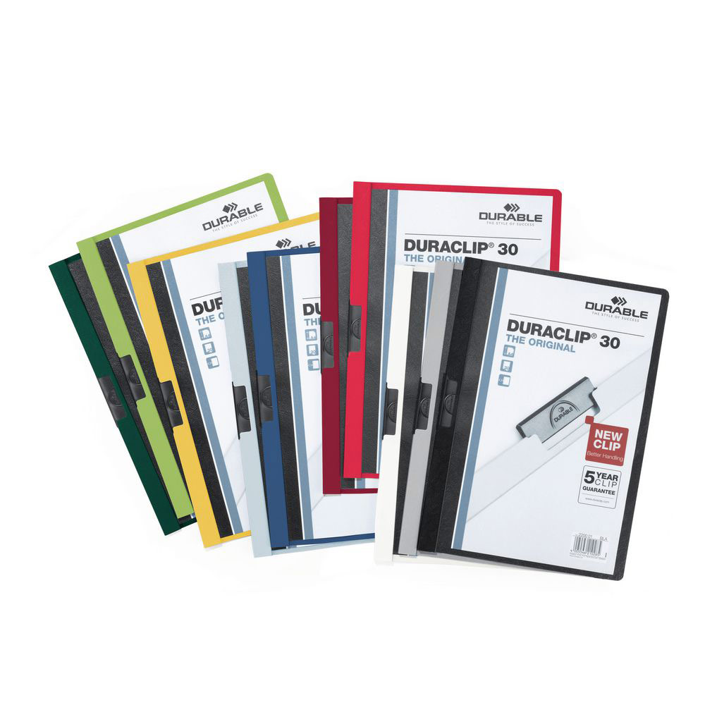CHEMISE DE PRESENTATION A CLIP DURACLIP A4 - CAPACITE 30 FEUILLES - COLORIS ASSORTIS. - LOT DE 25