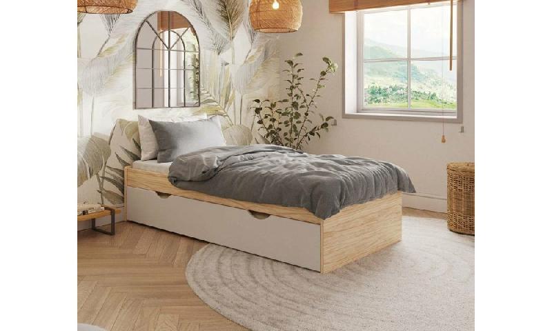 ENSEMBLE SOMMIER GIGOGNE RENFORCÉ ROKKA  BLANC ET BOIS 70X190 CM