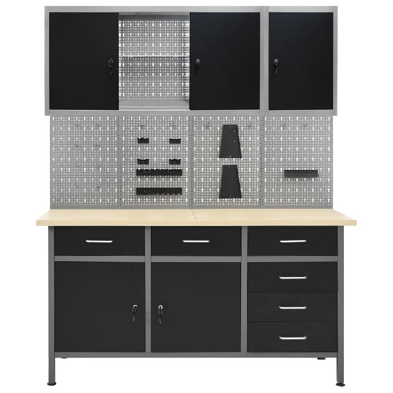 Établi robuste avec 4 panneaux muraux, 2 armoires métalliques verrouillables - Table de travail et rangement d'outils pour atelier et garage - 02_0003670_0