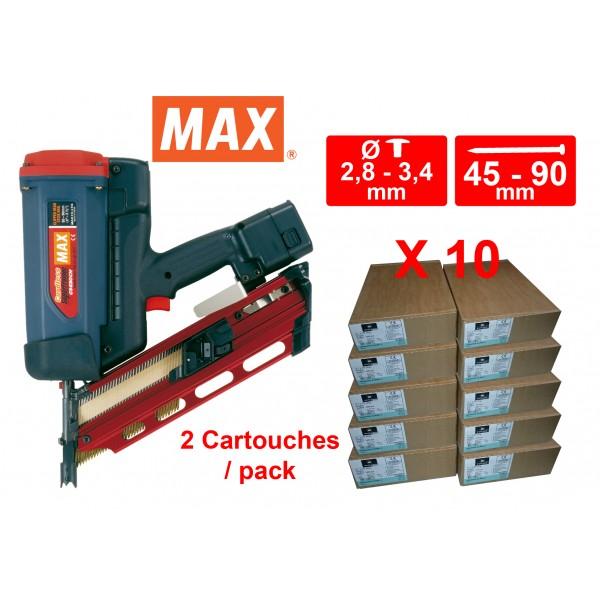 LOT CLOUEUR GAZ MAX GS690 CH  AVEC 10 PACKS 34° 70 MM ACIER CRANTÉ
