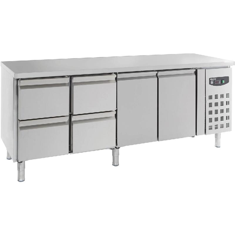 Romux® Table Réfrigérée Positive 2 Portes 4 Tiroirs 223x70 cm avec Refroidissement Froid Ventilé en Acier Inox avec Capacité de 553 L - 8435811804141_0
