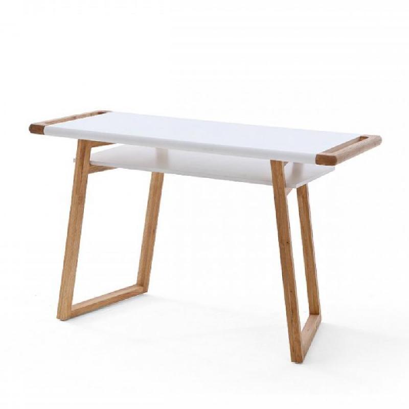 Bureau Tossiat - MDF laqué blanc mat - Piétement chêne huilé - Plateau de rangement 122x53 cm_0