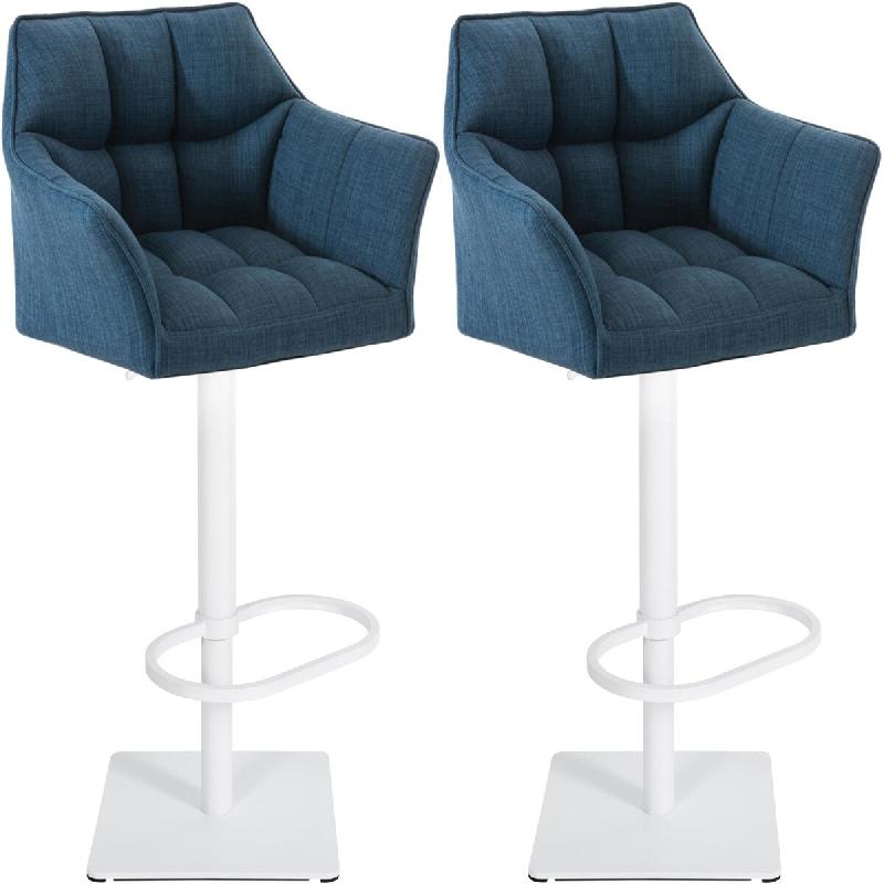 Décoshop26 - Lot de 2 tabourets de bar réglable en tissu bleu assise enveloppante capitonnée et avec base carrée en métal blanc 10_0006621 - bleu_0